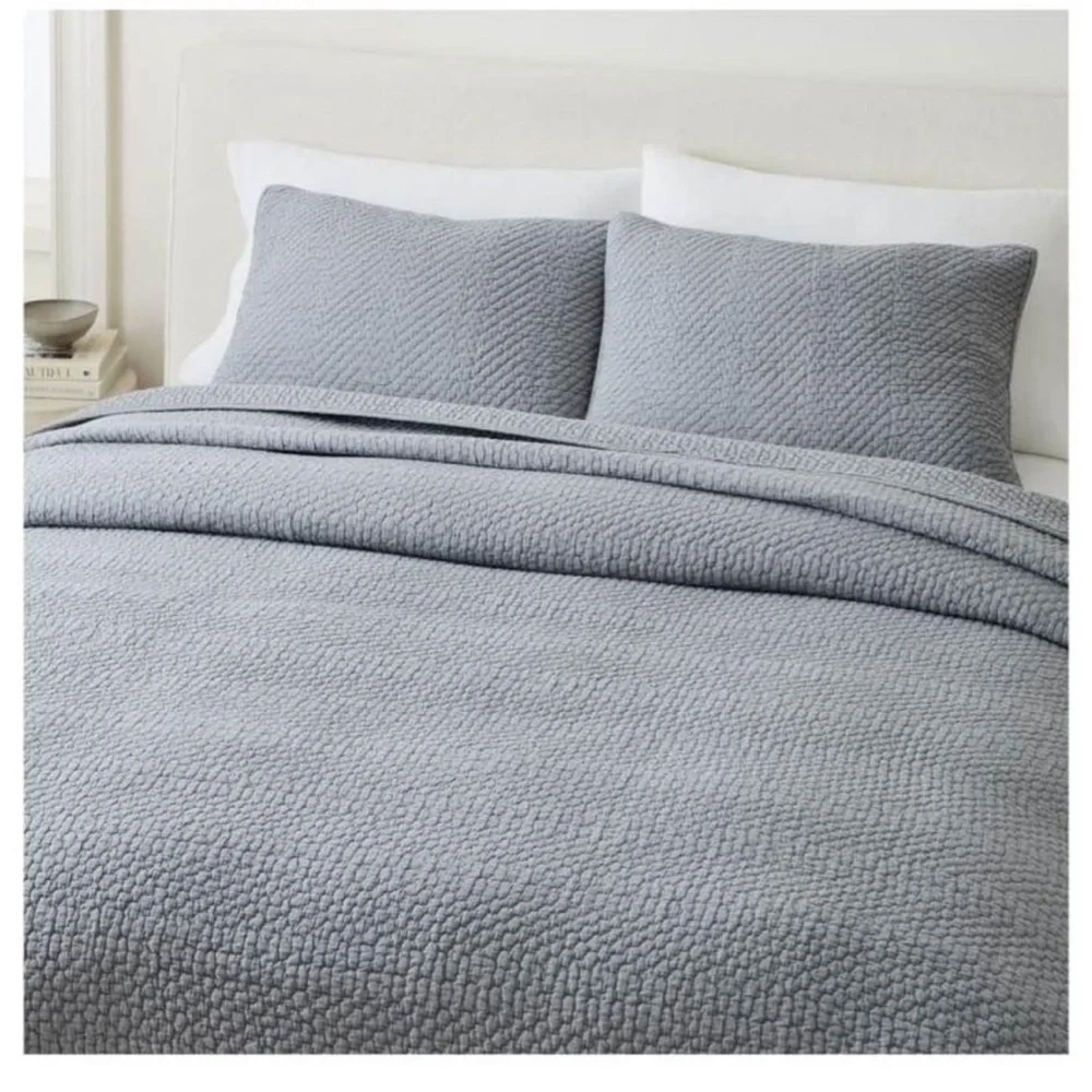 WEST ELM Reflections Matelasse King Shams X2 and Quilt, Arctic Blue (NWT)